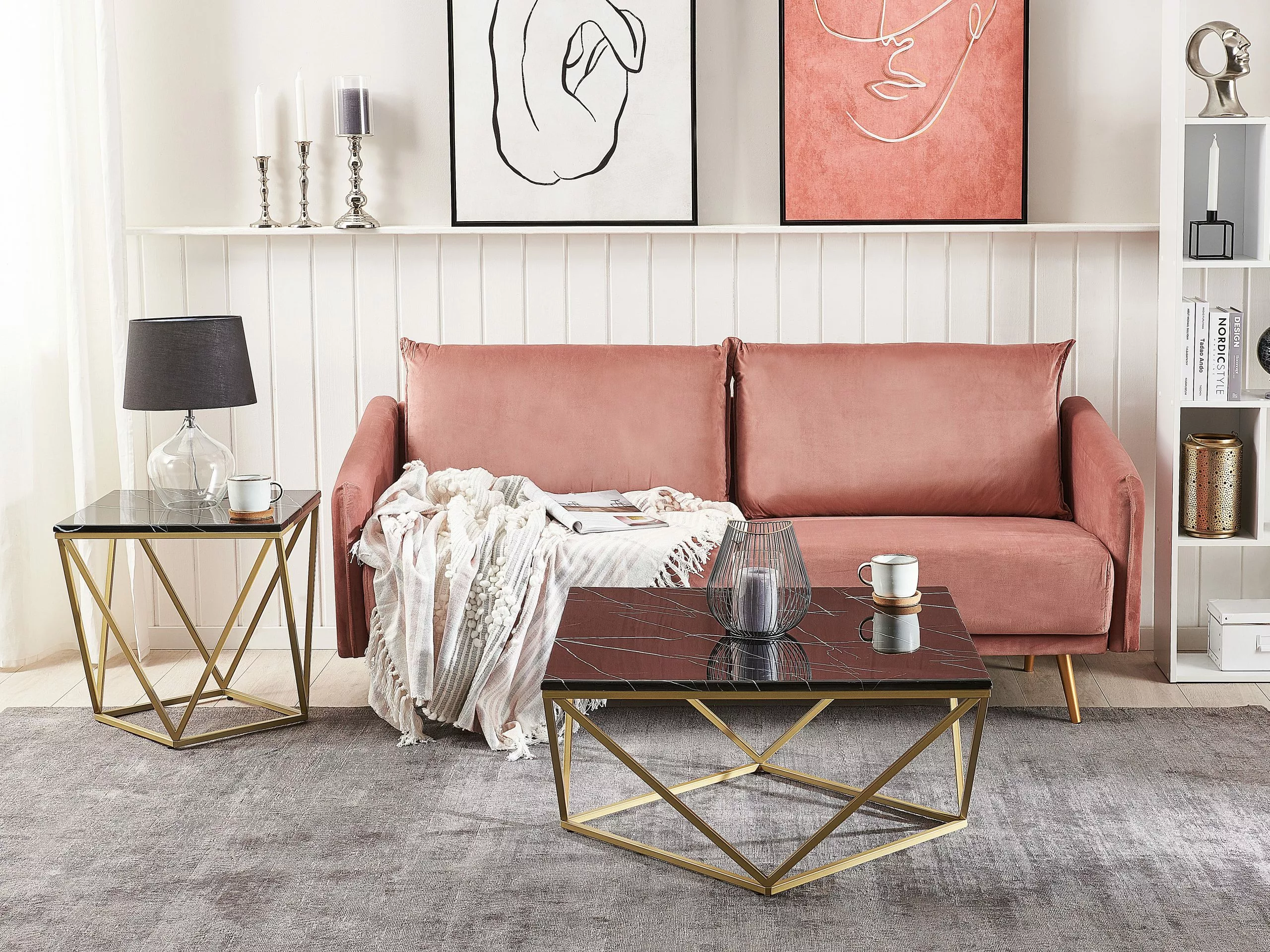 Beliani Sivupöytä Marmorikuvio Musta/kulta MALIBU - Image 3