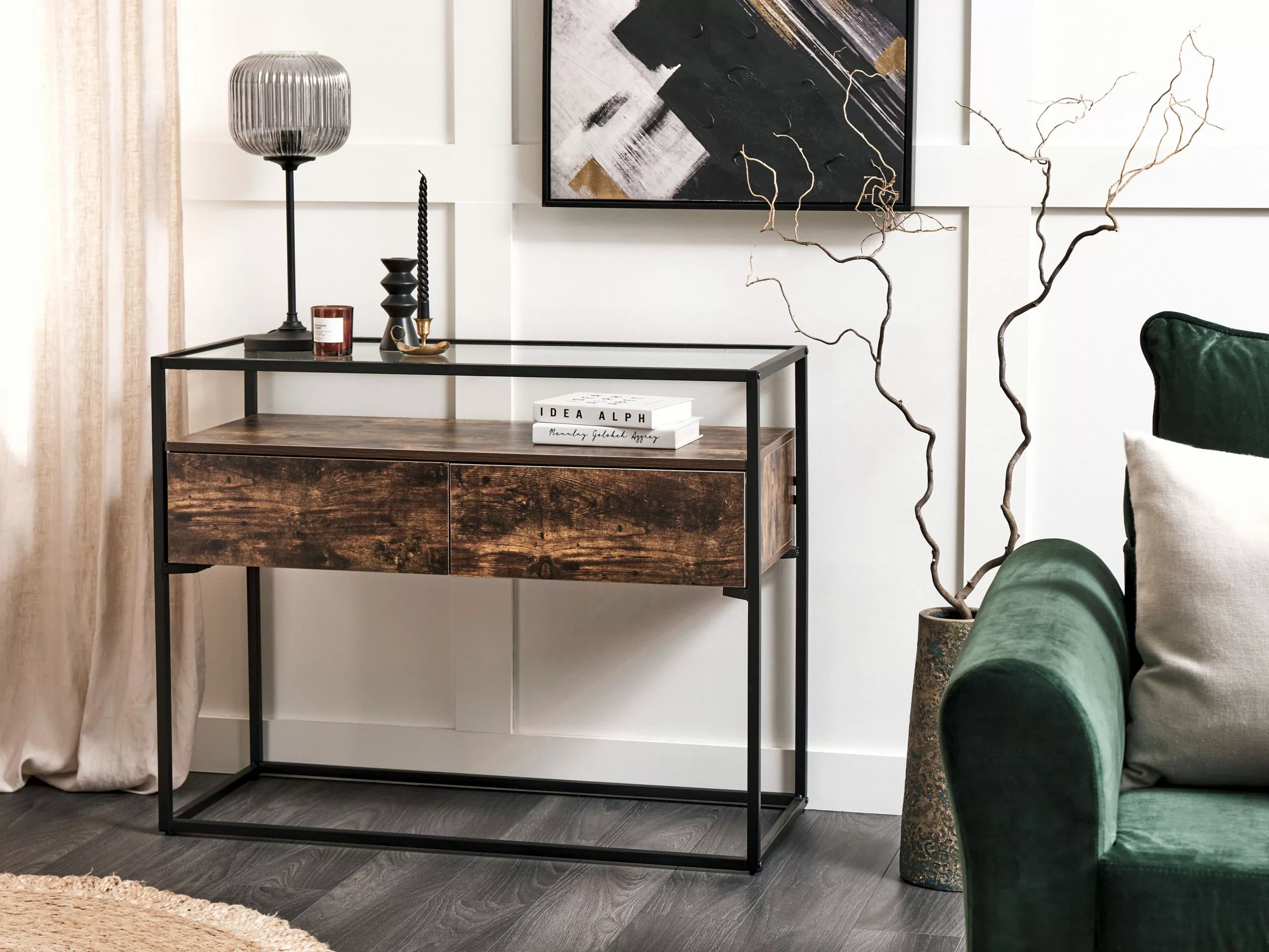 Beliani Konsolipöytä Lasitasolla 2 Laatikkoa Tumma Puu/musta MAUK 4 Beliani Konsolipöytä Lasitasolla 2 Laatikkoa Tumma Puu/musta MAUK - Image 2